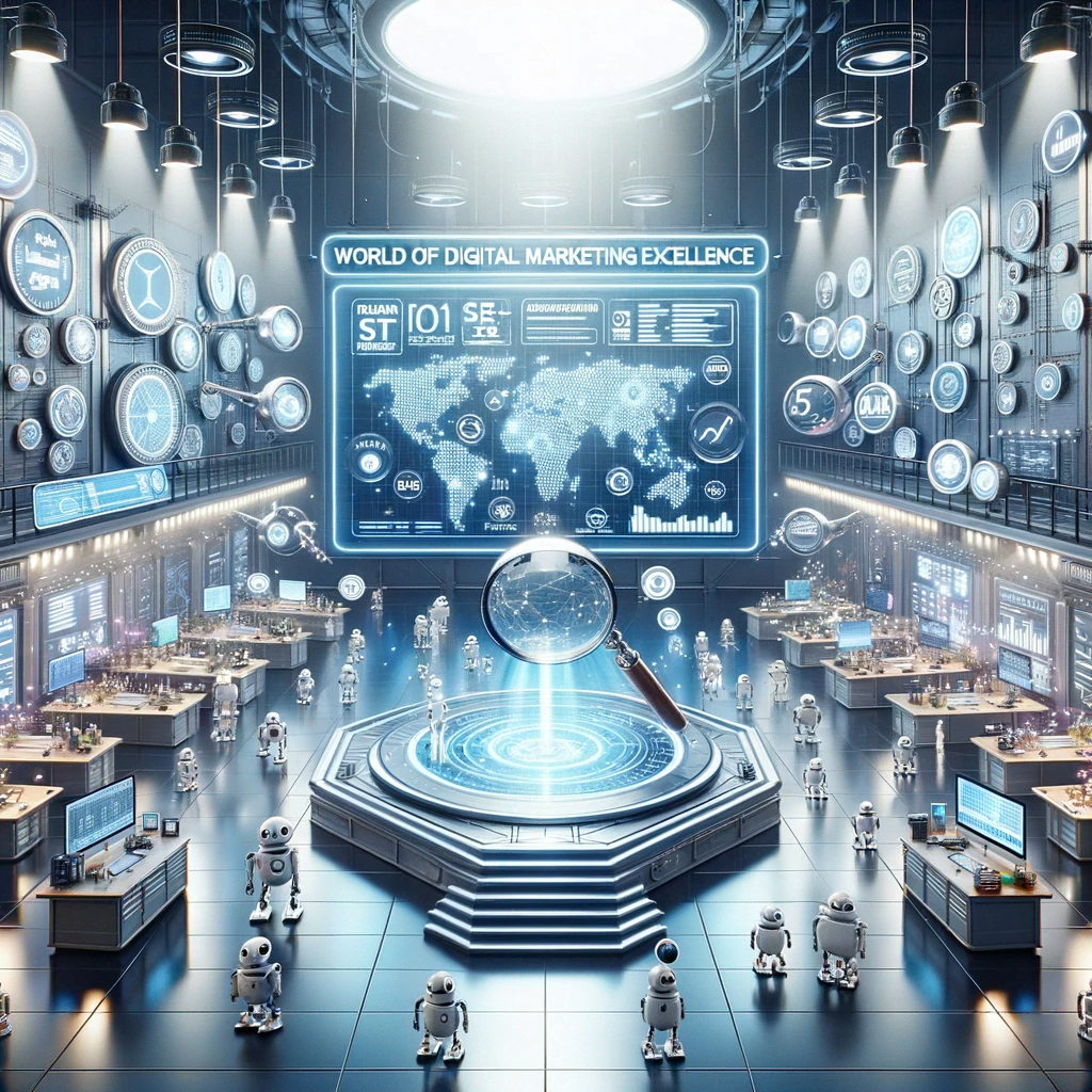 Illustration of an expansive digital workshop bathed in soft, ambient lighting. The walls are neatly arranged with a myriad of tools, each representing a unique digital marketing strategy. Notably, there's a magnifying glass symbolizing SEO, a billboard for SEM, and a network of interconnected nodes depicting Social Media. Dominating the space is a central workbench, where a detailed blueprint of a triumphant online campaign is spread out. Above the blueprint, holographic projections display real-time analytics and impressive results. Assisting in refining and implementing the strategies are AI robots, moving with precision and efficiency. Suspended from the ceiling is a sign proudly declaring 'World of Digital Marketing Excellence'. On the workshop's polished floor, a trail of footprints guides visitors to a prominent podium, atop which a plaque shines with the words '5+ years of experience'.