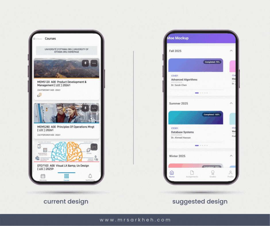 In this Pulse app UX redesign, I explored an alternative way to group courses by semester.
